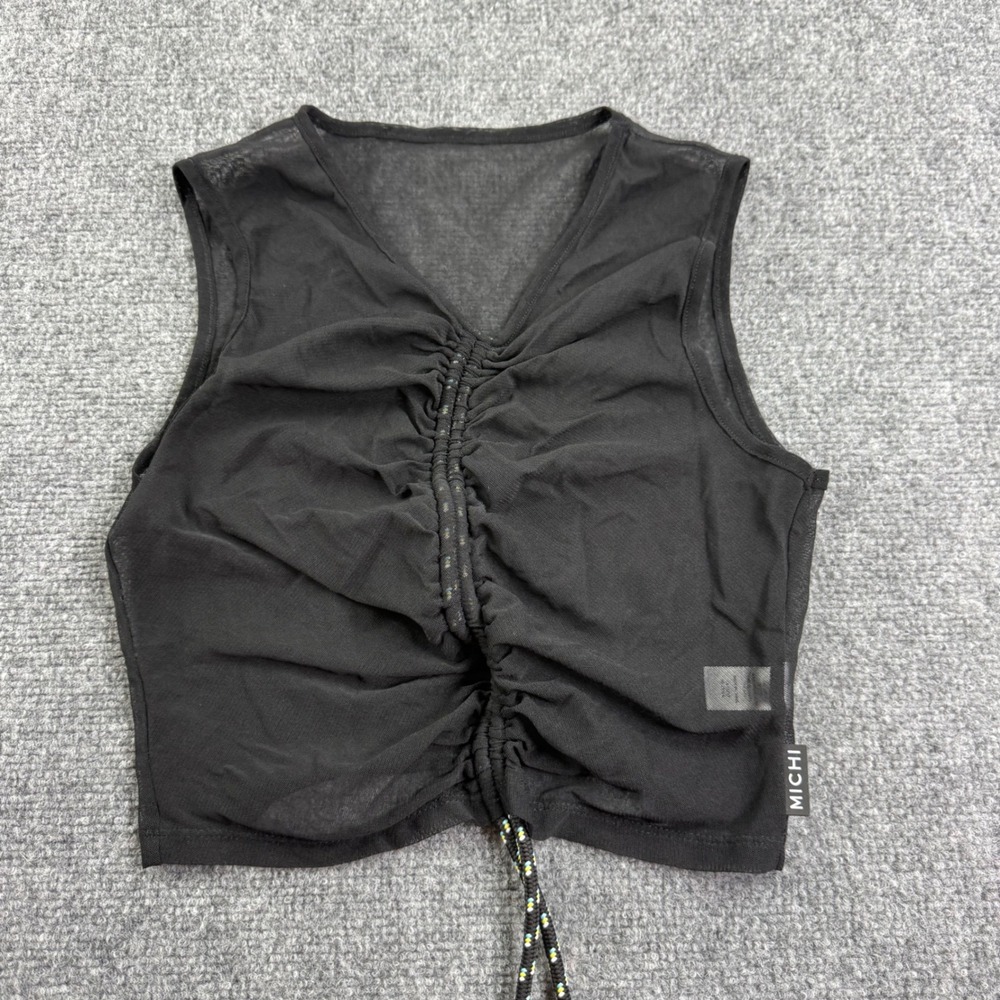 MICHI Mesh Ruched Crop Top Small Black V-Neck Sleeveless Activewear Women's